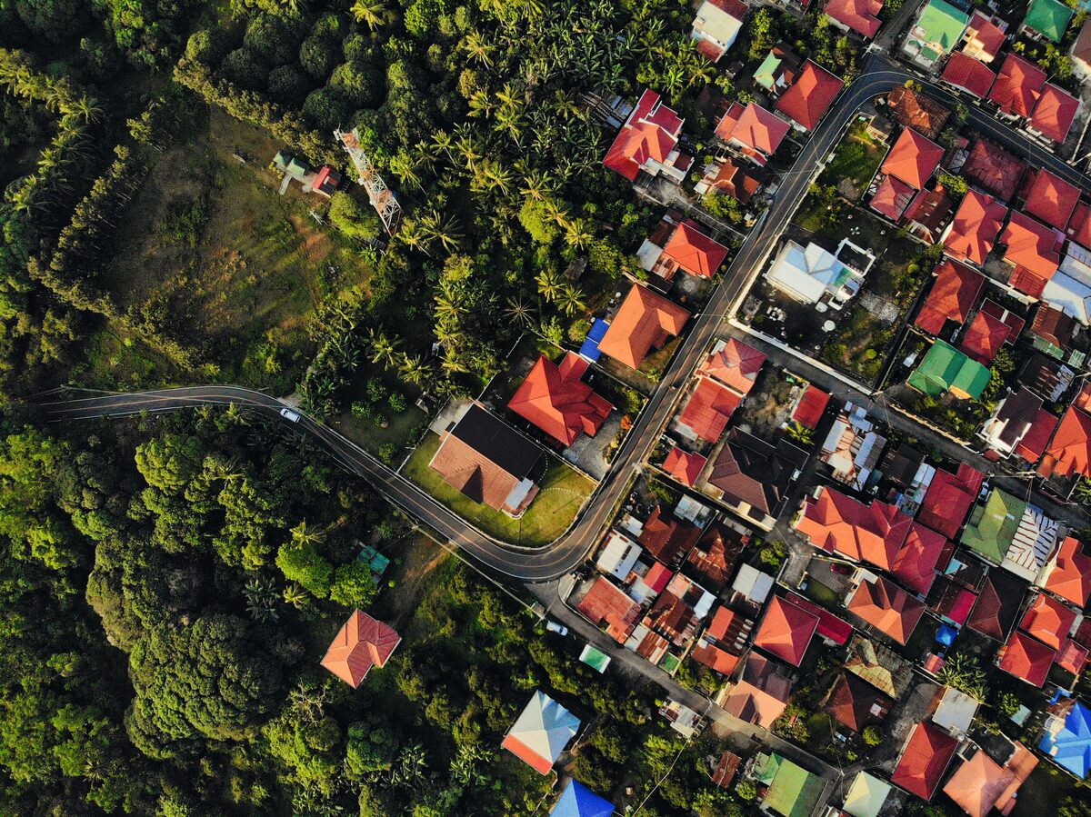 Aerial Shot Colorful Buildings Surrounded By Trees