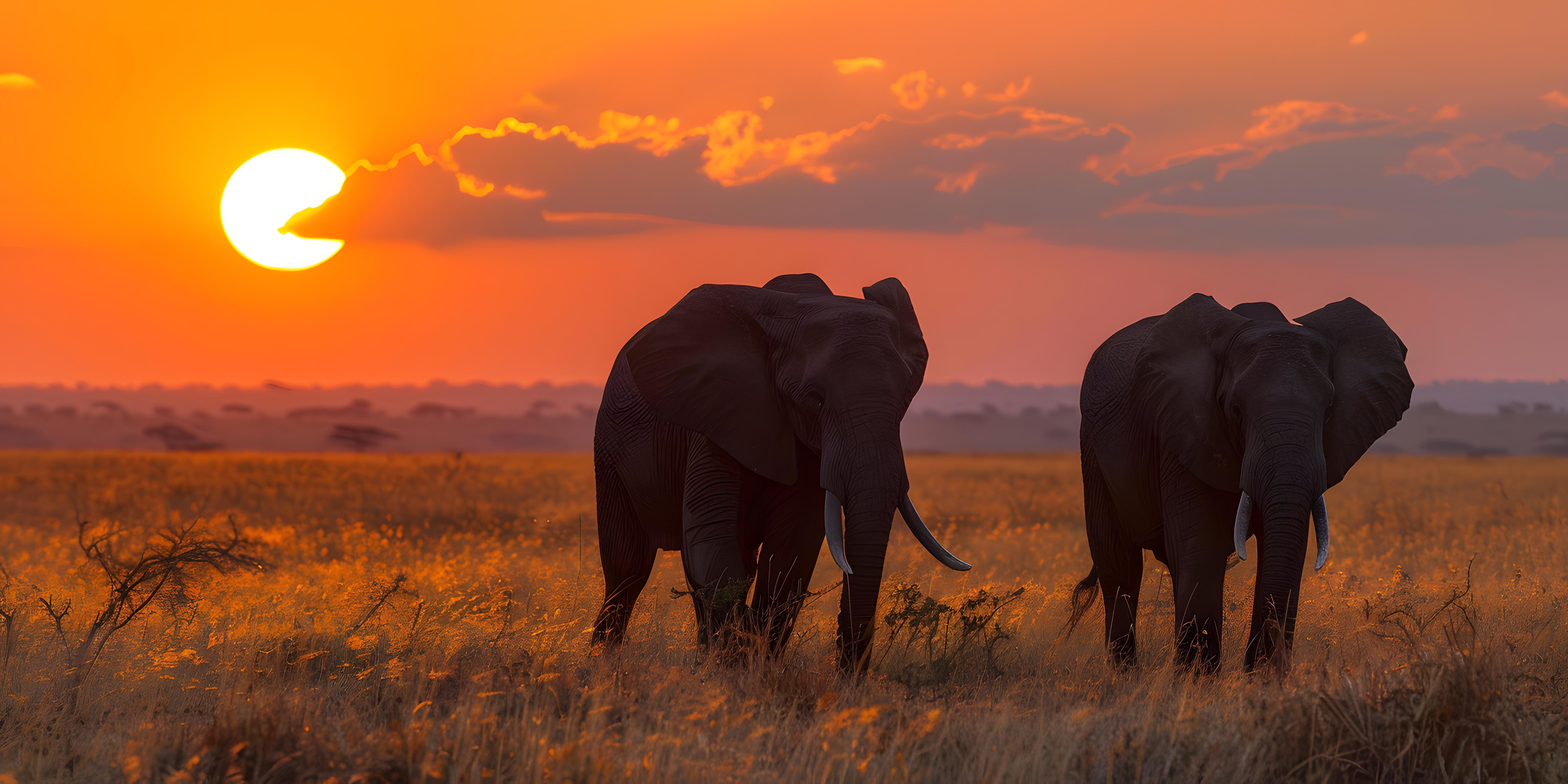 Elephants on the move at sunset